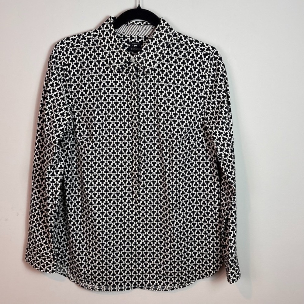 Talbot's Wrinkle Resistant Black Clover Clubs Cotton Popover Blouse 6 Workwear